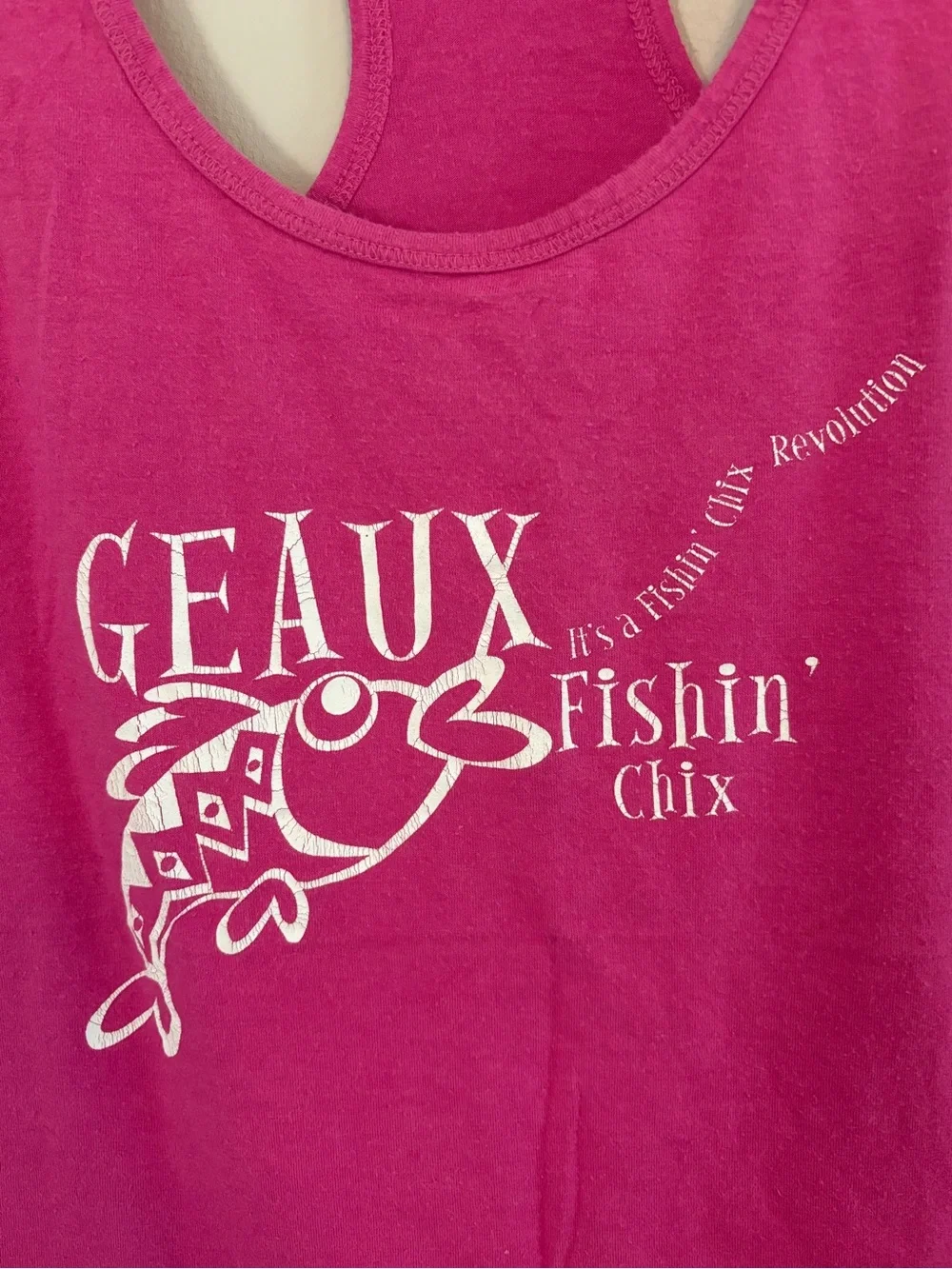 ALO Yoga Hot Pink Racerback Tank with White Geaux Fishin' Chix Graphic